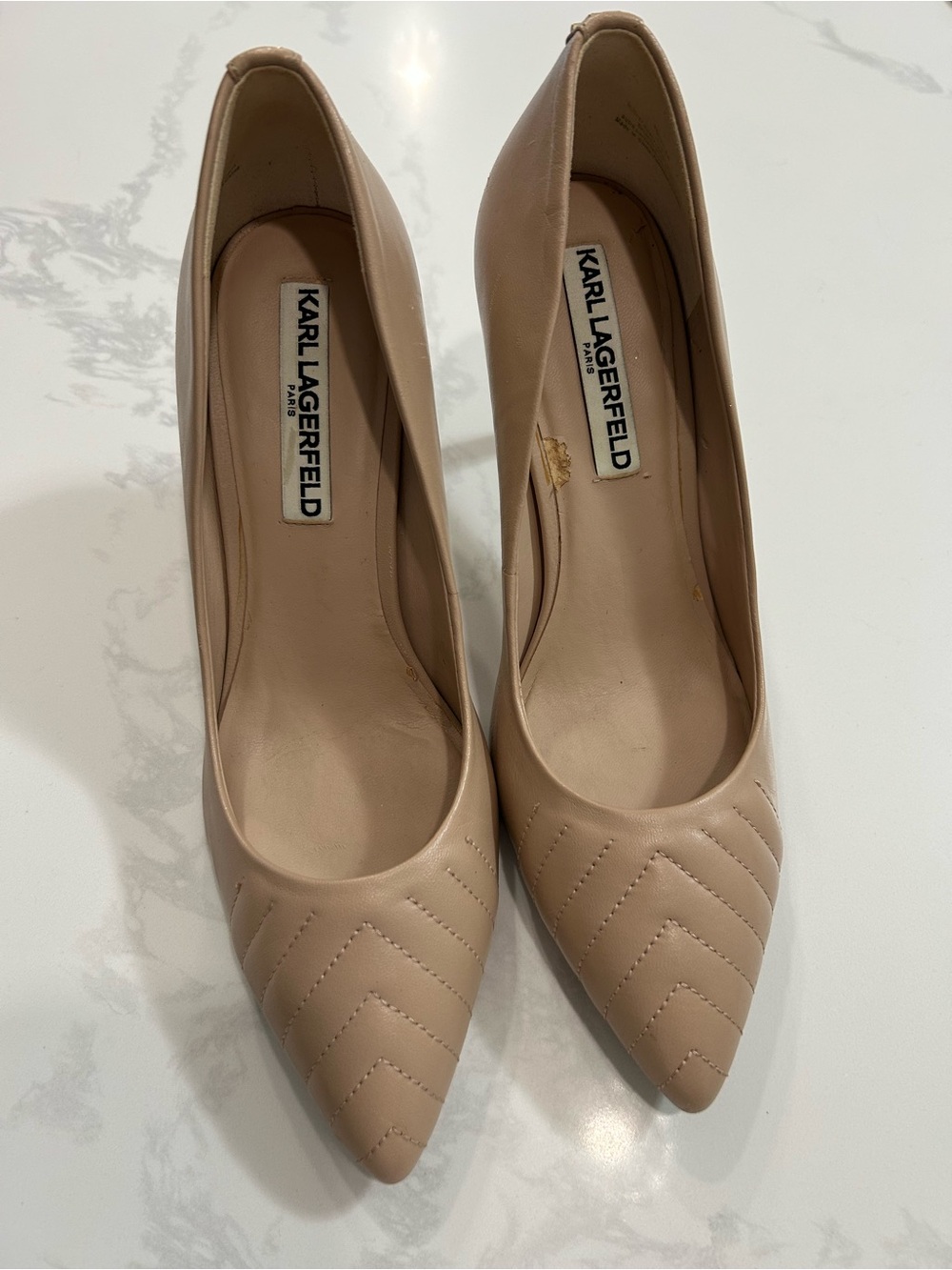 Karl Lagerfeld Nude Beige Quilted Leather Pointed Toe Pumps Heels Size 7